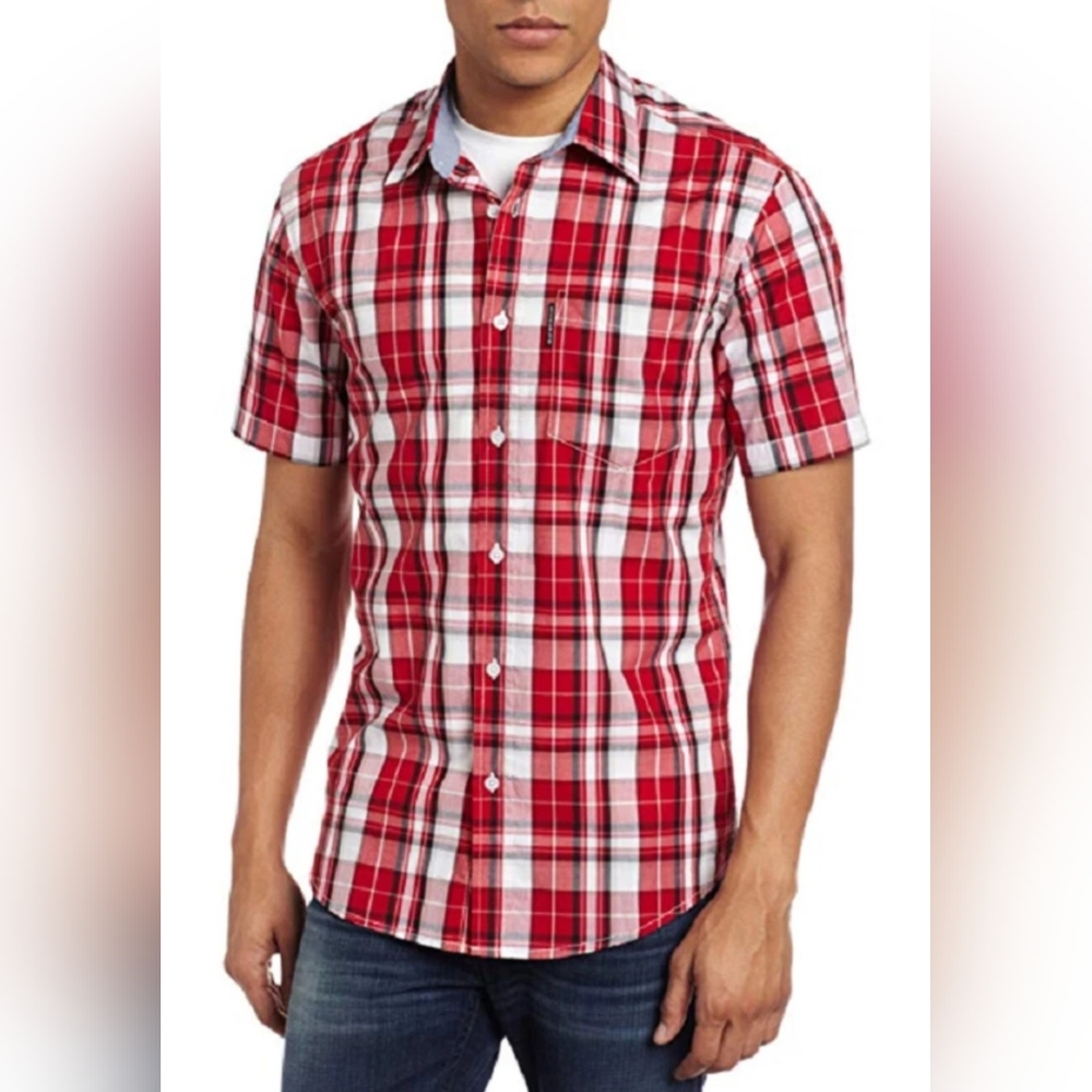 Ecko Unltd Men's Button Up Red White Black Stripe Short Sleeve Shirt Size 2XL